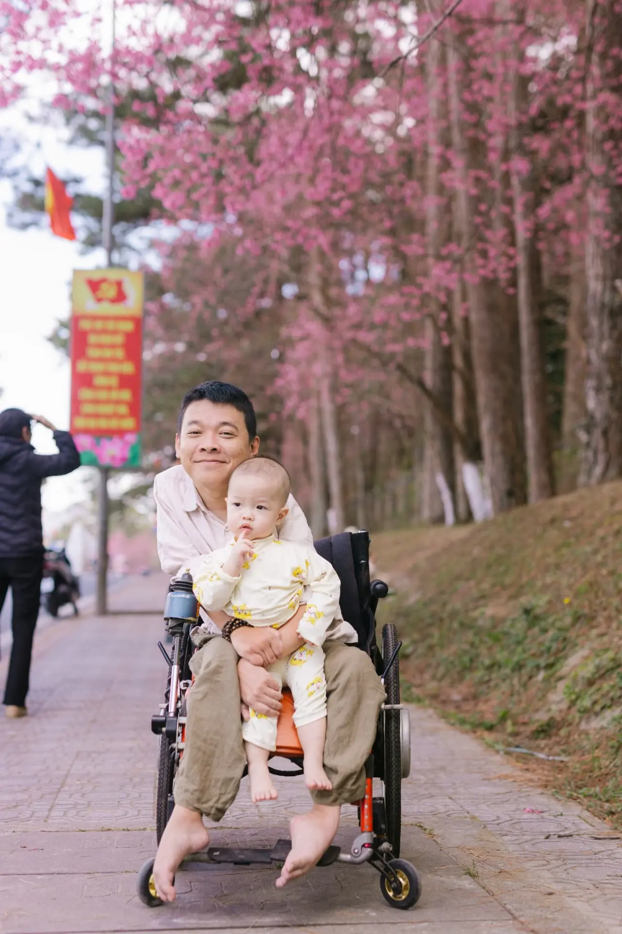 A quiet walk along a blossom-lined road