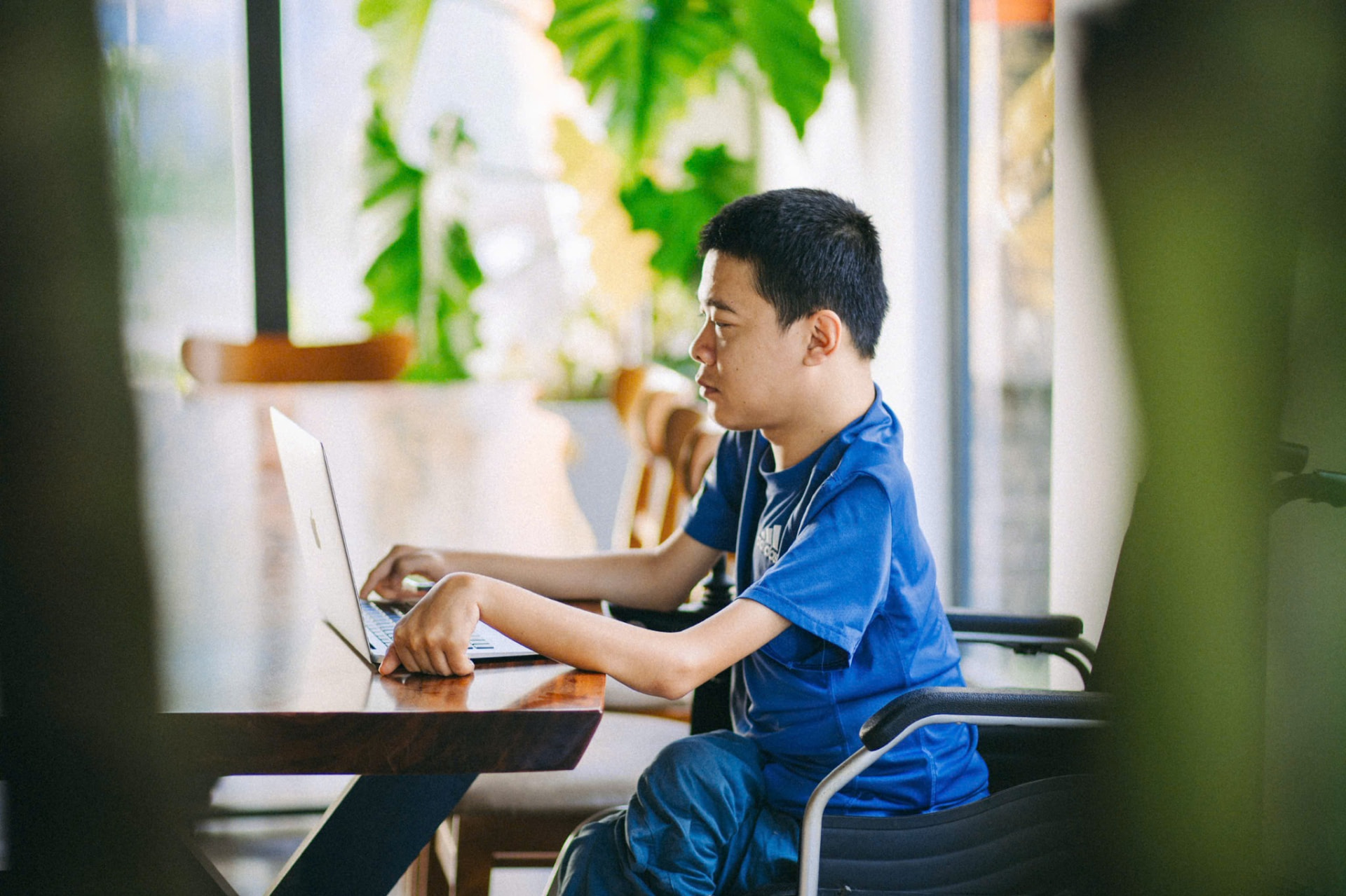 Nguyễn Trung Hậu làm việc trên máy tính trong không gian nhiều cây xanh