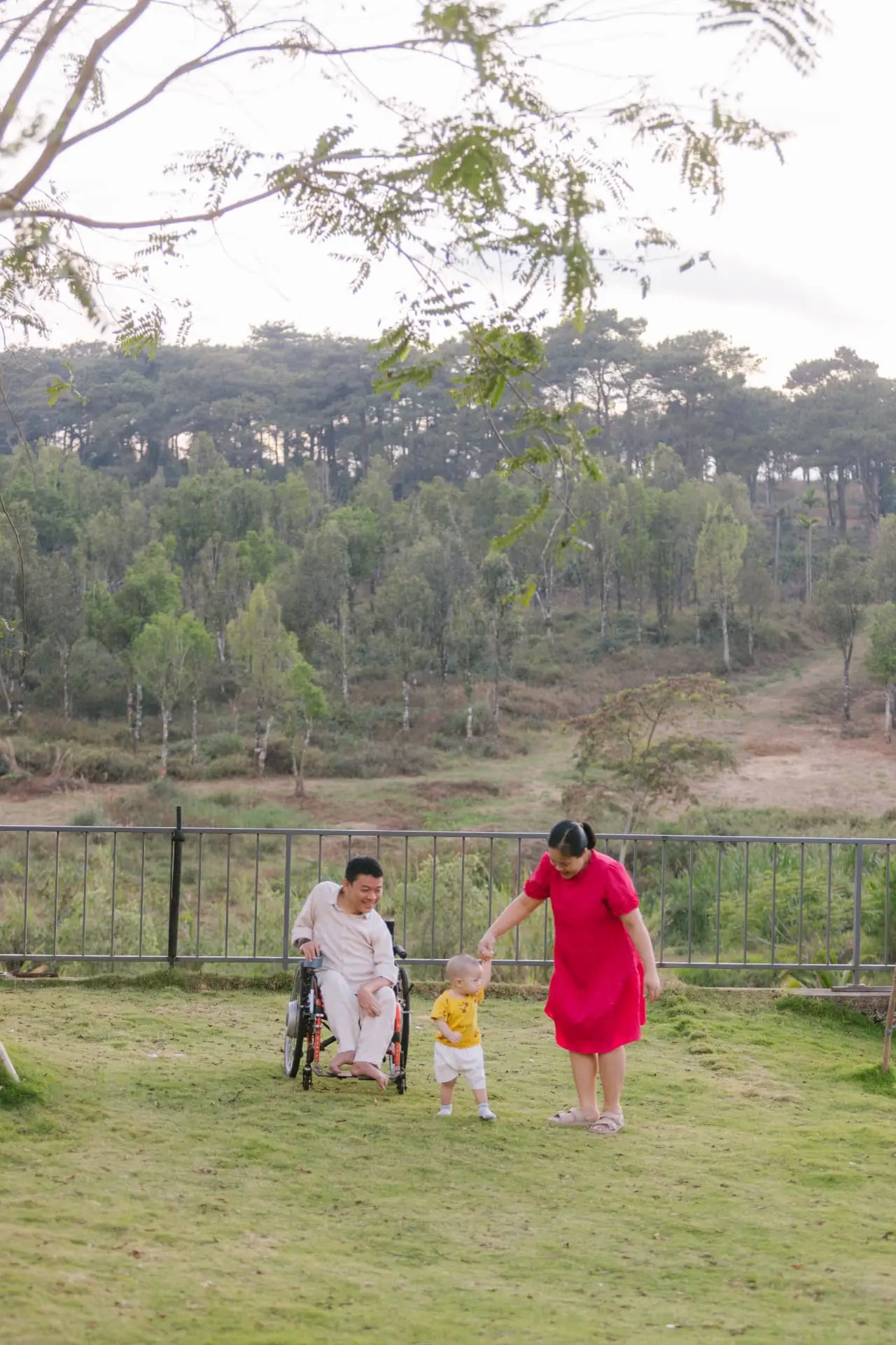 A little boy in a yellow shirt walking across the grass holding his mother's hand, his father watching from his wheelchair a few steps behind