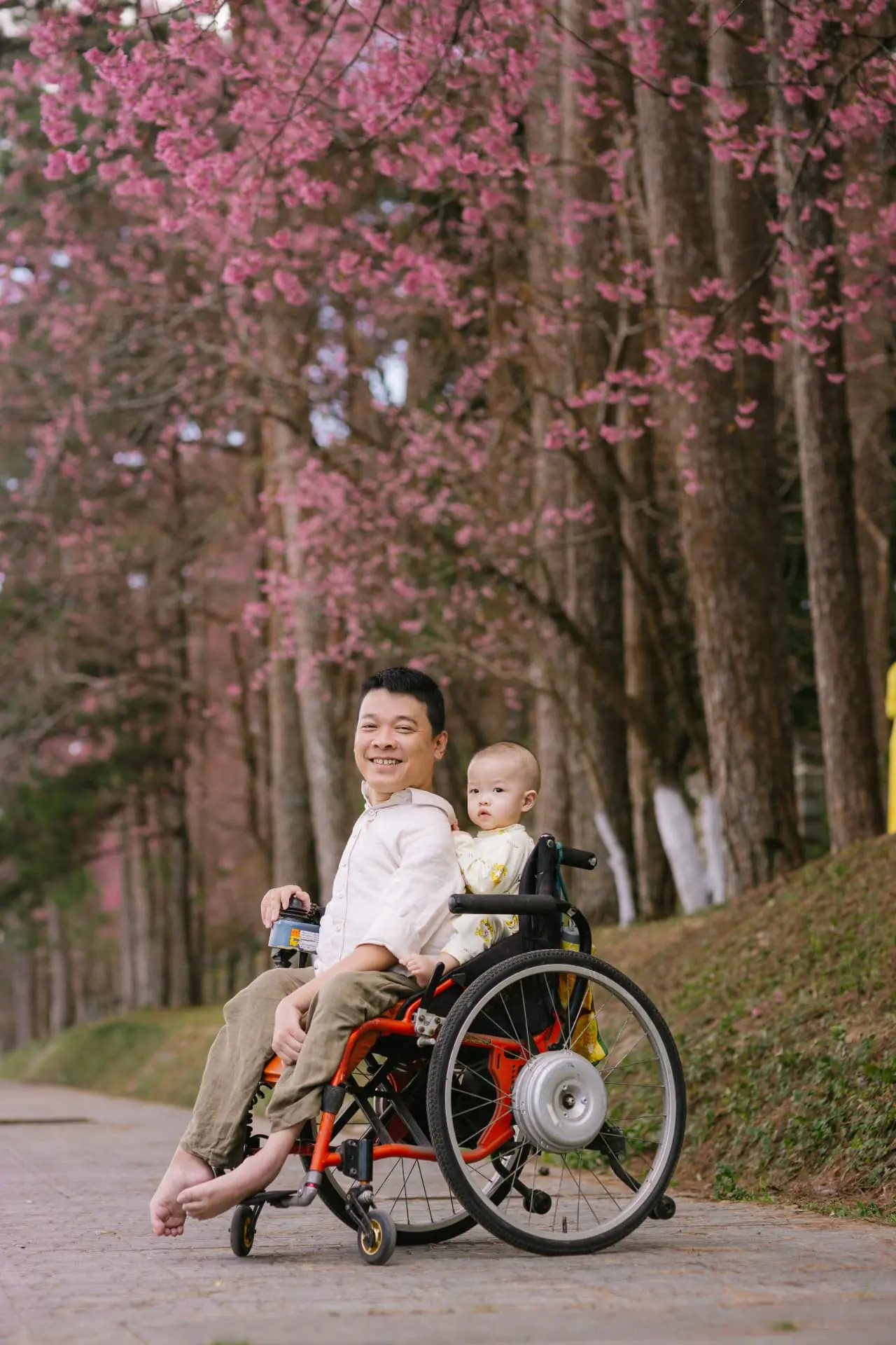 Father and son under blossoming trees